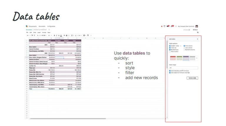 Odoo 18-spread sheet-data tables