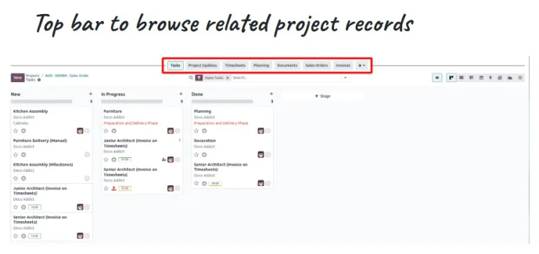 Odoo 18-top bar to browse related project records
